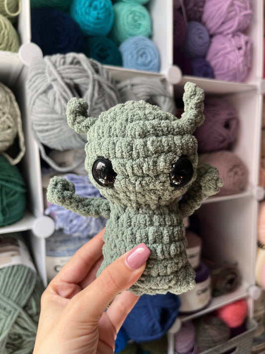 5.5” Smoky Green Alien Crochet Stuffed Animal, Cute Little Alien Plushie, Handmade Alien Plush, Alien Lover Gift, Extraterrestrial Stuffie